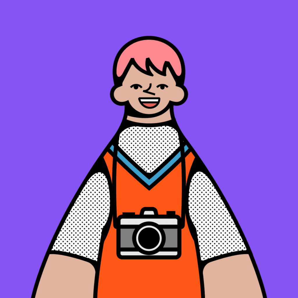 Nostalgie World illustration of a character with camera on purple background