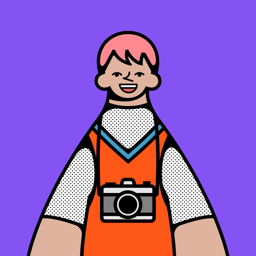 Nostalgie World illustration of a character with camera on purple background