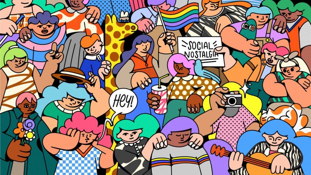 Vibrant Nostalgie World crowd scene of diverse characters holding flowers, cameras, and a ‘Social Nostalgia’ sign, celebrating connection, identity, and gentle self-expression.