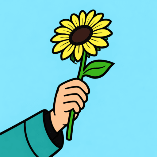 Hand holding a sunflower against blue