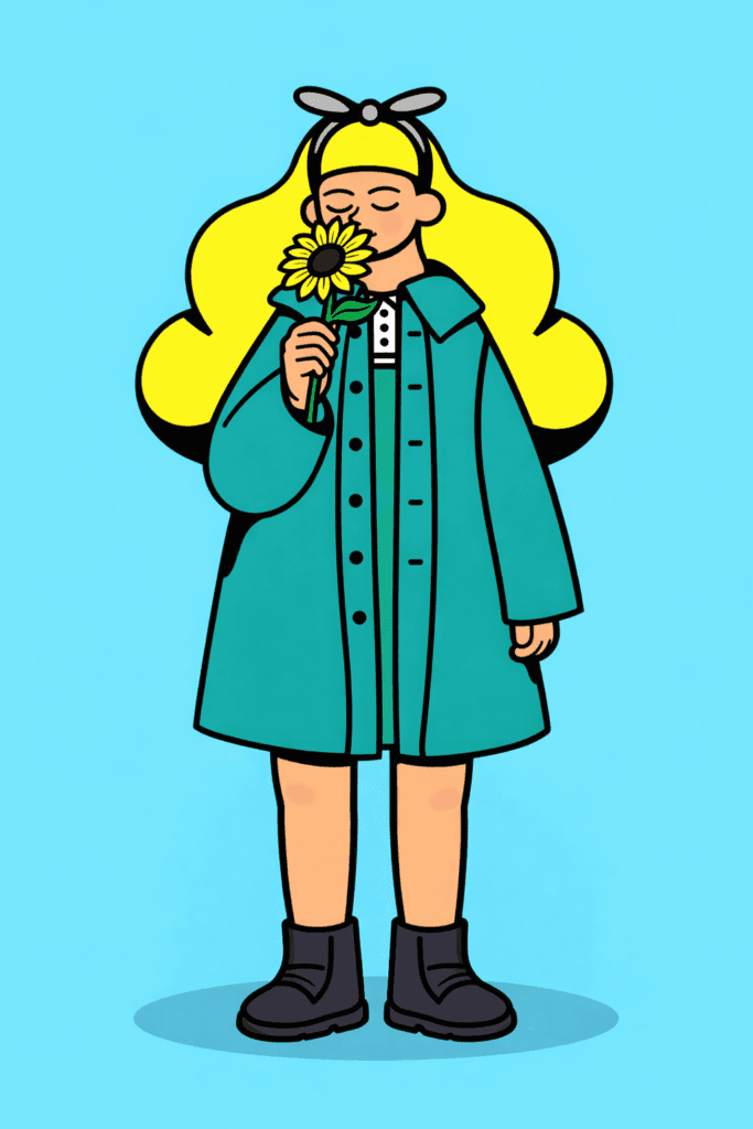 Nostalgie World illustration of a blonde cartoon character smelling a sunflower.