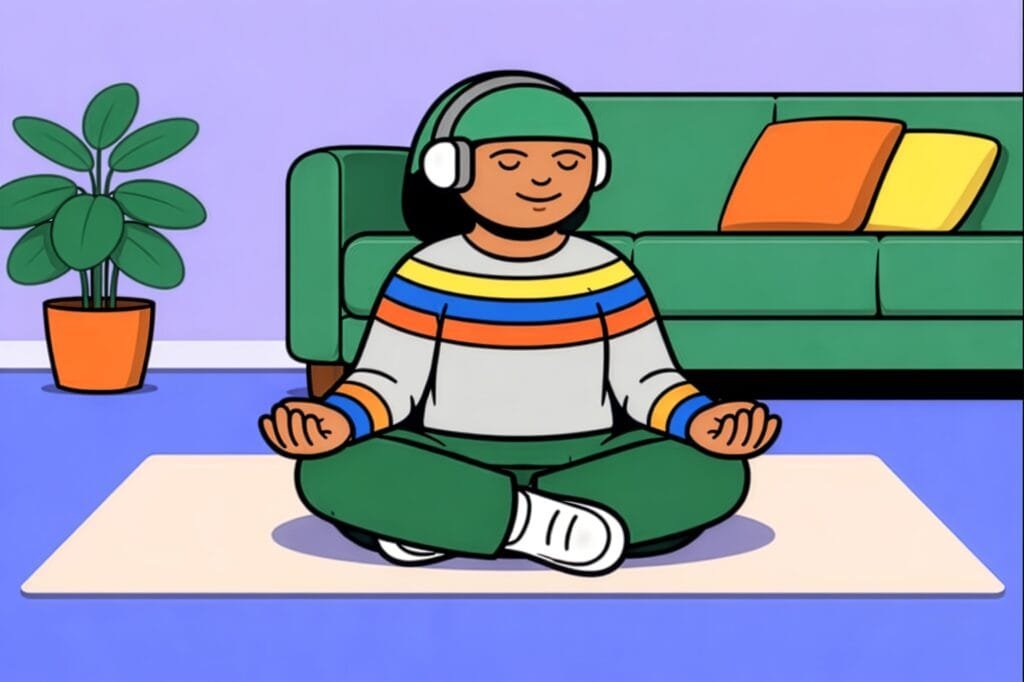 Person meditating in a colorful room.