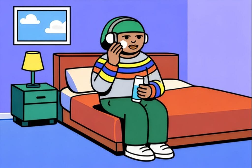 Person sitting on bed with drink