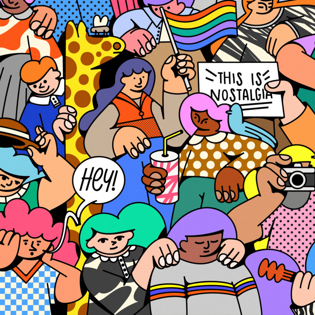 Colorful crowd celebrating diversity and nostalgia.