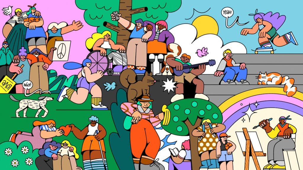 Colorful Nostalgie World illustration of diverse characters in a park with pets, music, and a rainbow, representing community, self-love, and emotional well-being