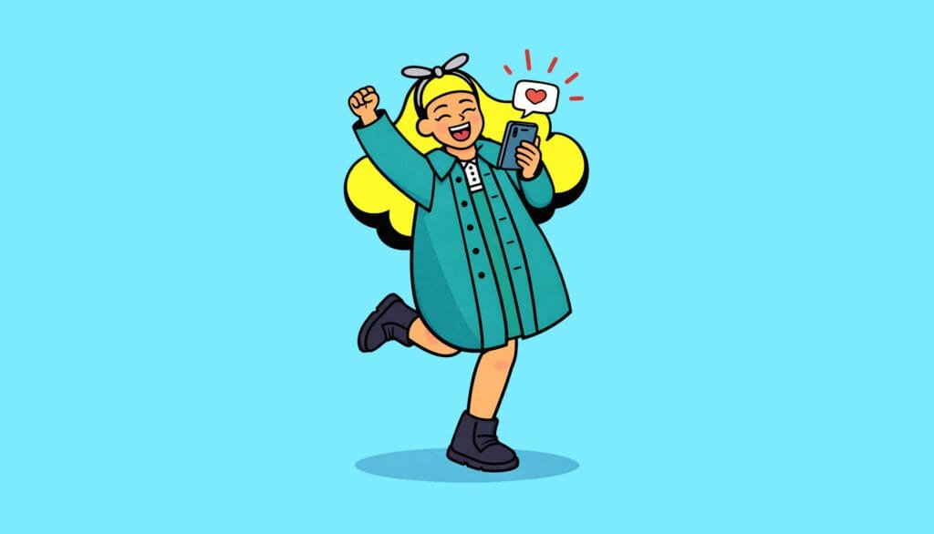 Happy cartoon girl celebrating a new DM on her phone, heart notification bubble, bright blue background.