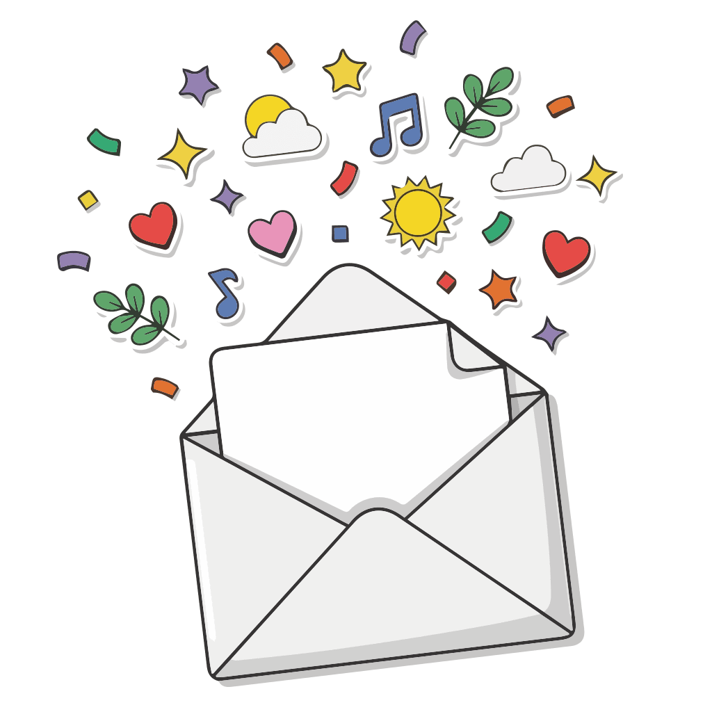 illustration of a letter open with stickers and confetti going out