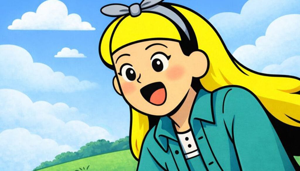 Journaling and Reflection: Surprised cartoon blonde girl with open mouth against a sunny sky and green hills, impressed reaction illustration.