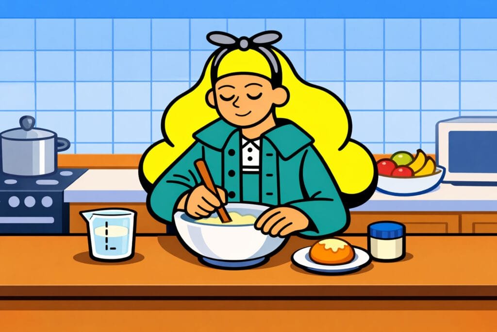 Cartoon woman calmly mixing ingredients in a kitchen, illustrating mindful daily routines and self-care.