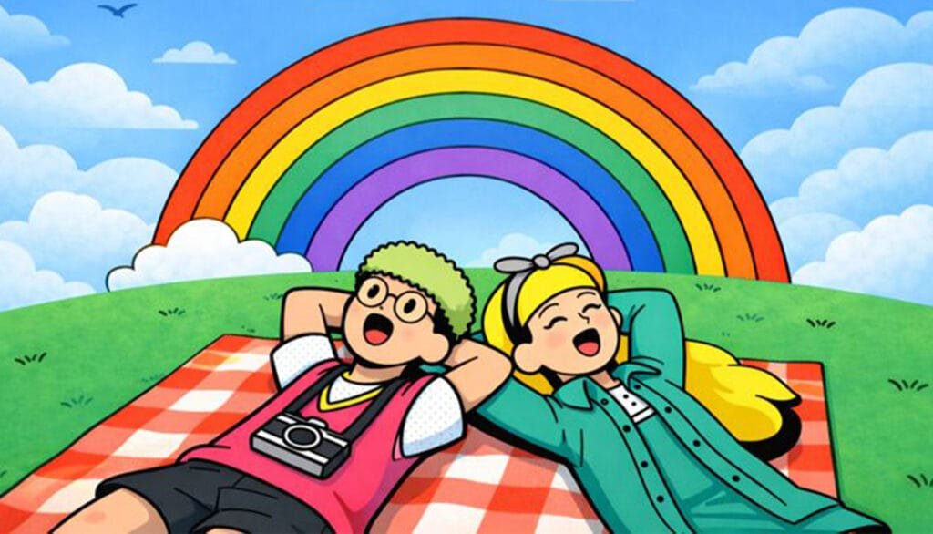 Journaling for Beginners: Cute cartoon couple relaxing on a picnic blanket under a rainbow in a grassy field, cozy love scene illustration.