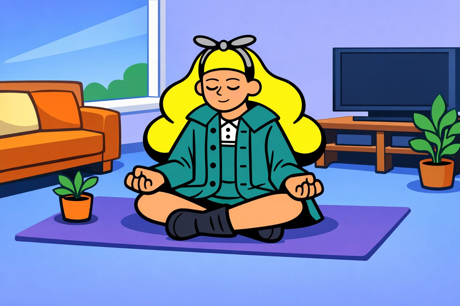 Cartoon woman meditating cross-legged on a yoga mat in a cozy living room, symbolizing calm, grounding, and emotional balance.