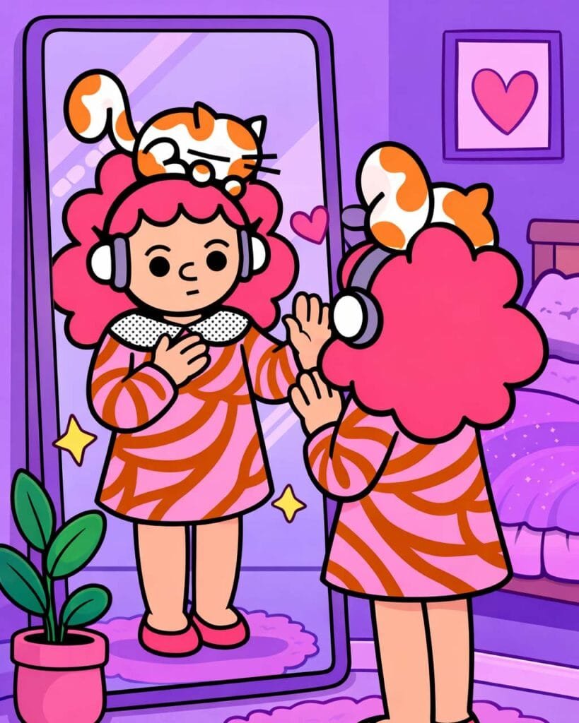 Person practicing self-reflection in front of a mirror with headphones and cat, illustrating mindfulness and self-love journal prompts for building self-worth and positive self-talk.