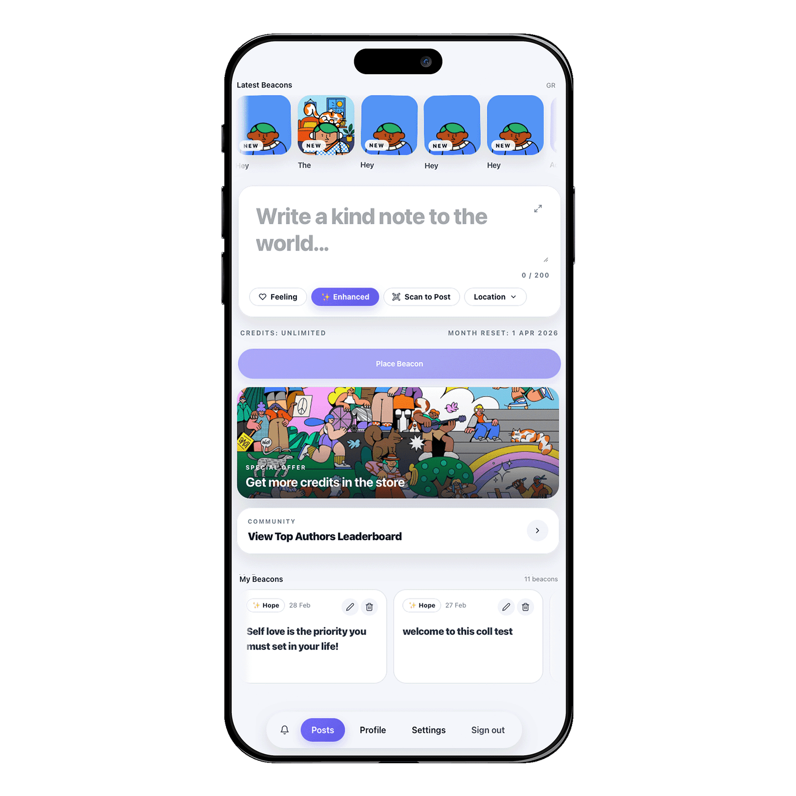 Mobile app dashboard with user interactions