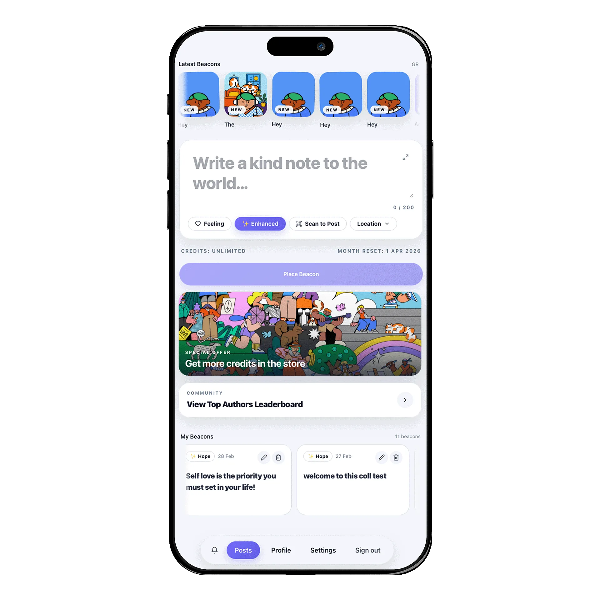 Mobile app dashboard with user interactions