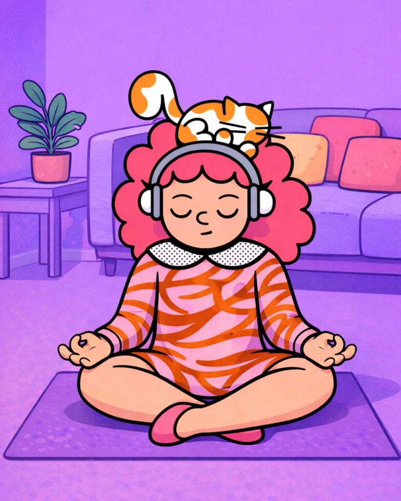 Person meditating with headphones and a cat resting on their head, representing mindfulness, self-care, and using self-love journal prompts for inner peace and emotional healing.