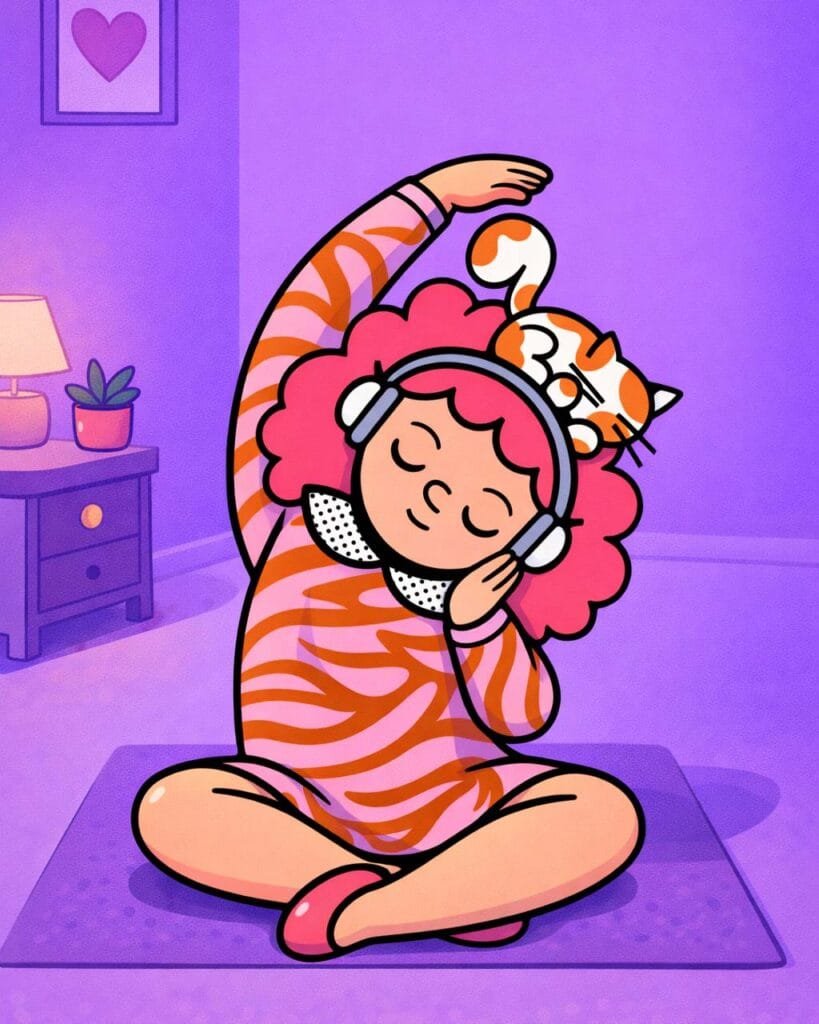 Person stretching during a calming wellness routine with a cat, representing self-care, mindfulness, and using self-love journal prompts to build confidence and self-compassion.