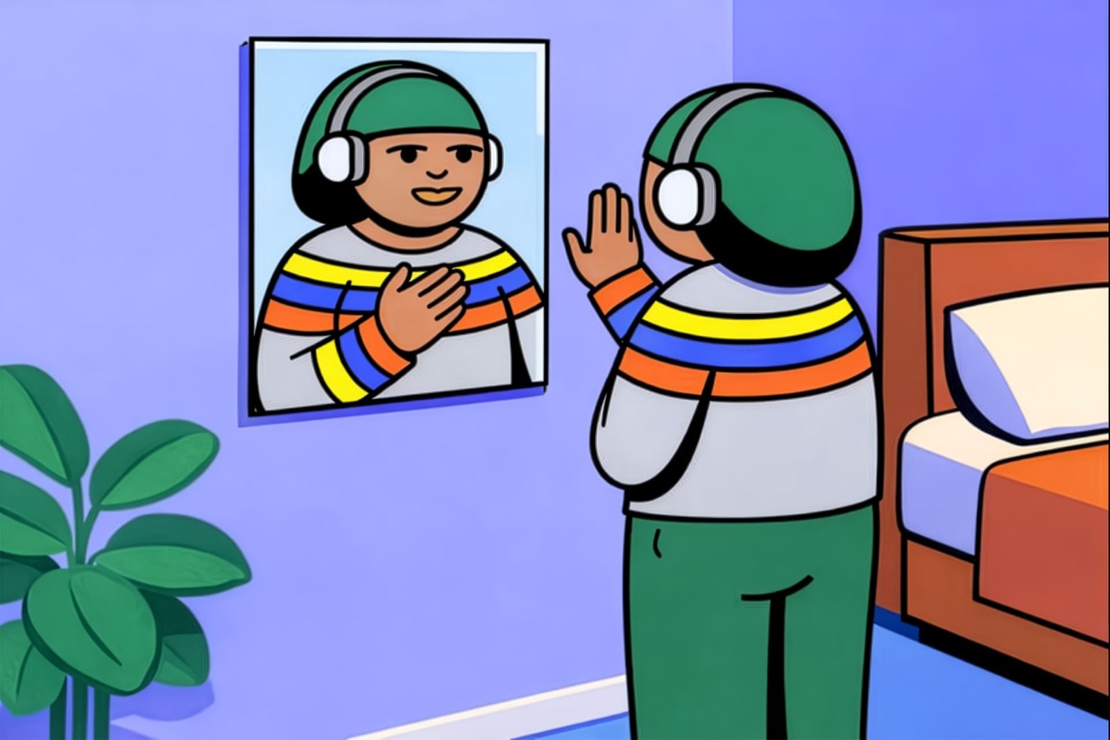 Person admiring self in mirror.