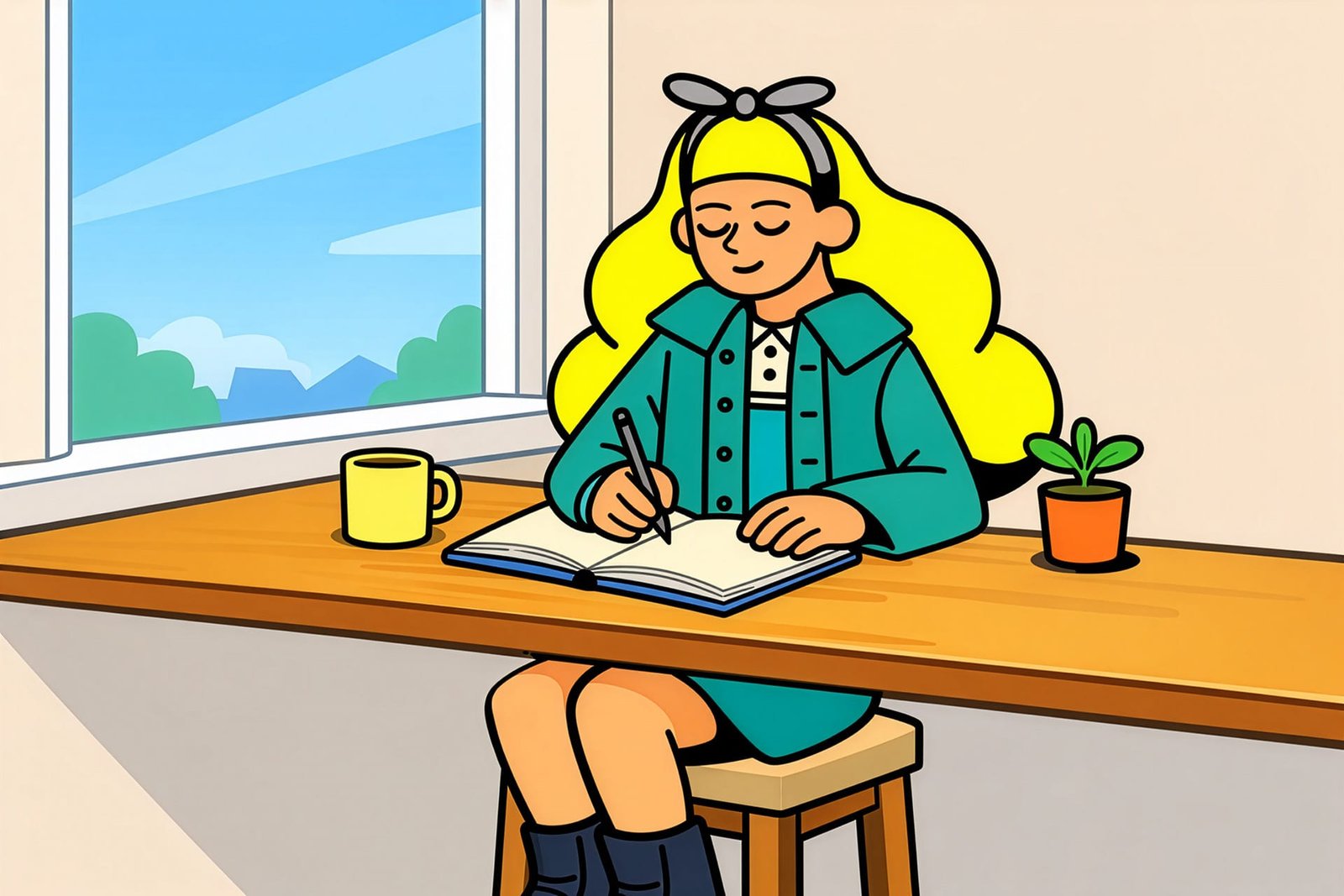 Cartoon woman journaling in an open notebook at a desk by a window, representing reflection and emotional wellbeing.