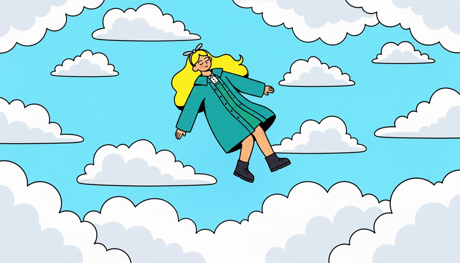 Whimsical cartoon illustration of a blonde girl floating peacefully among fluffy white clouds in a bright blue sky, wearing a teal coat, black boots, and a headband, drawn in a clean flat vector style with bold outlines and soft shading.