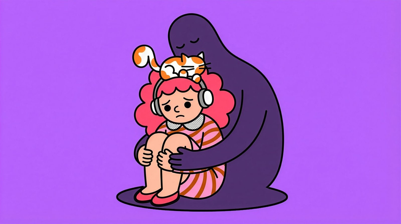 The Role of Shame: an illustration of a character being hugged by it's shadow