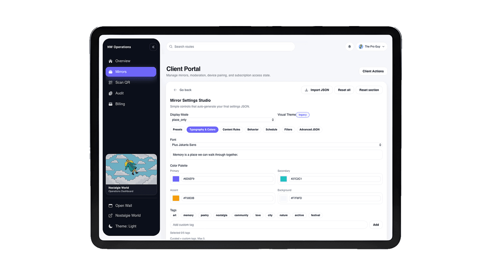 Client portal with settings and options